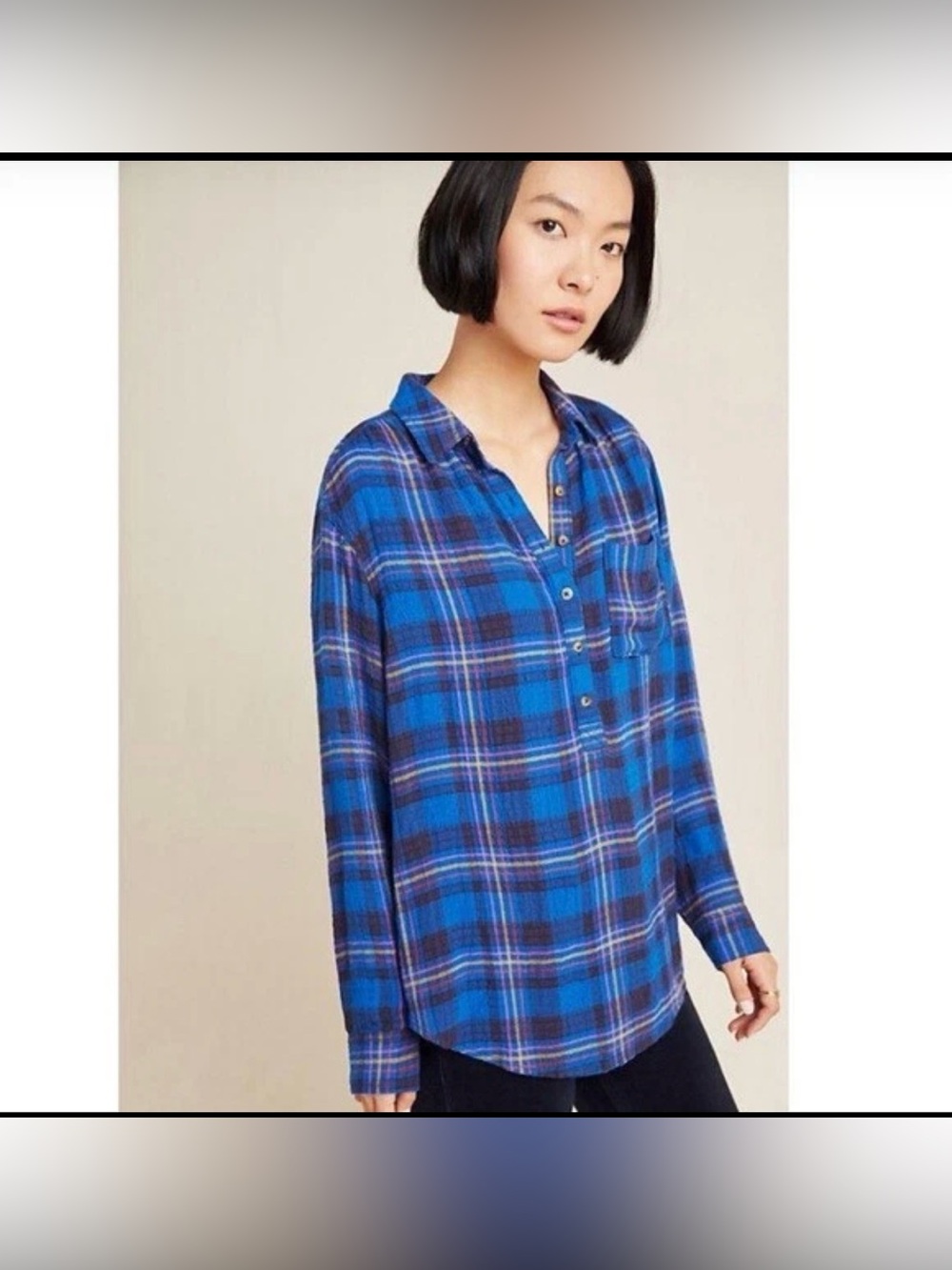 Anthropologie Isadora Button Back Plaid Flannel Tunic Shirt Top Blue XS